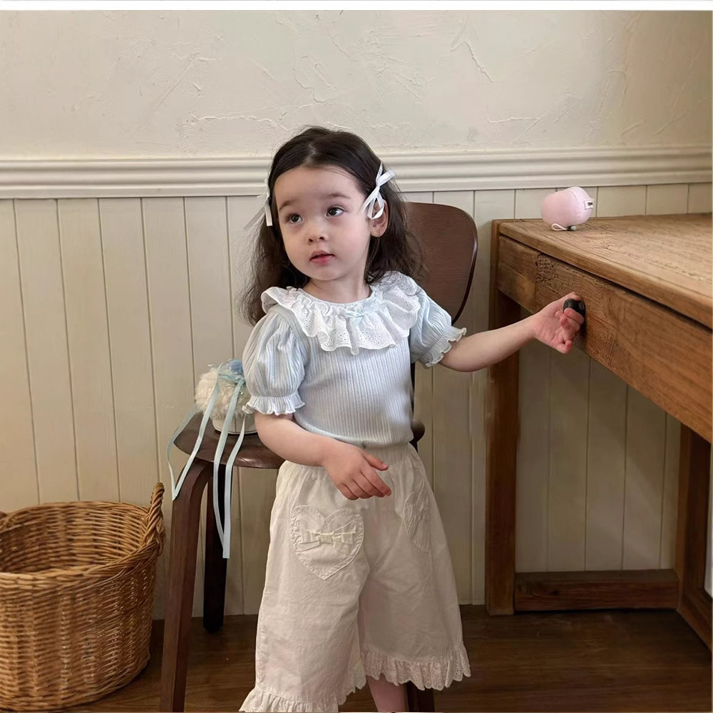 【现货】XY251374花边领T恤+XK251375爱心口袋七分裤女童套装2025