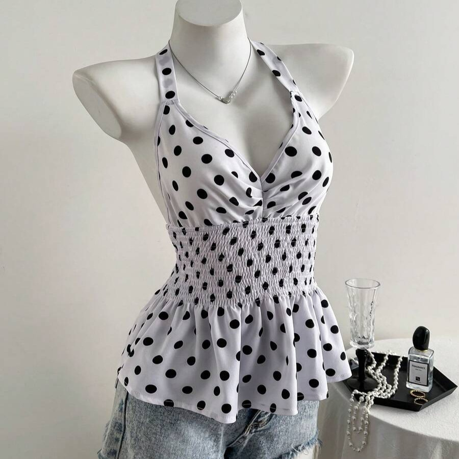 This summer cross-border new product from Europe and America features a trendy design with pleated polka dot prints, necklaces, sleeveless tops, and a stylish, hot girl look full figure