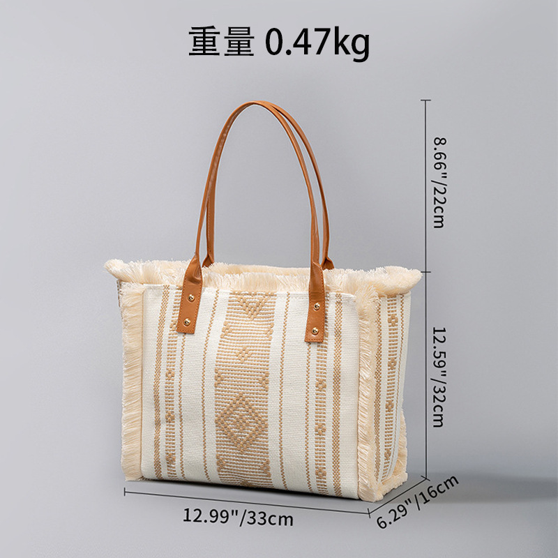 Cross-border canvas bag, large-capacity women's tote bag, four-sided tassel handbag, niche design, ethnic style single-shoulder bag, tote bag, canvas bag details Picture