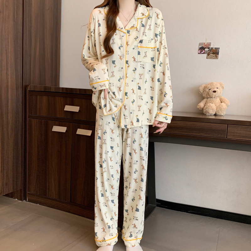 Fusheng (Real shot) Wrinkled Booker high-quality Spring and autumn cartoon cardigan women's pajamas casual set home wear Item Picture