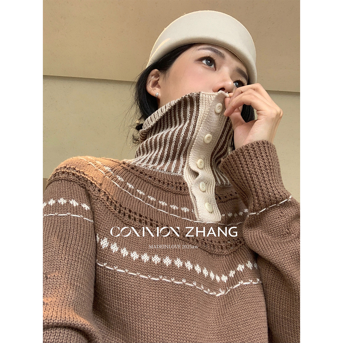 CZZHANG's two high-neck woolen knitted dresses for the autumn and winter vacation, a sweet and color-blocking short skirt B45282 Specification image