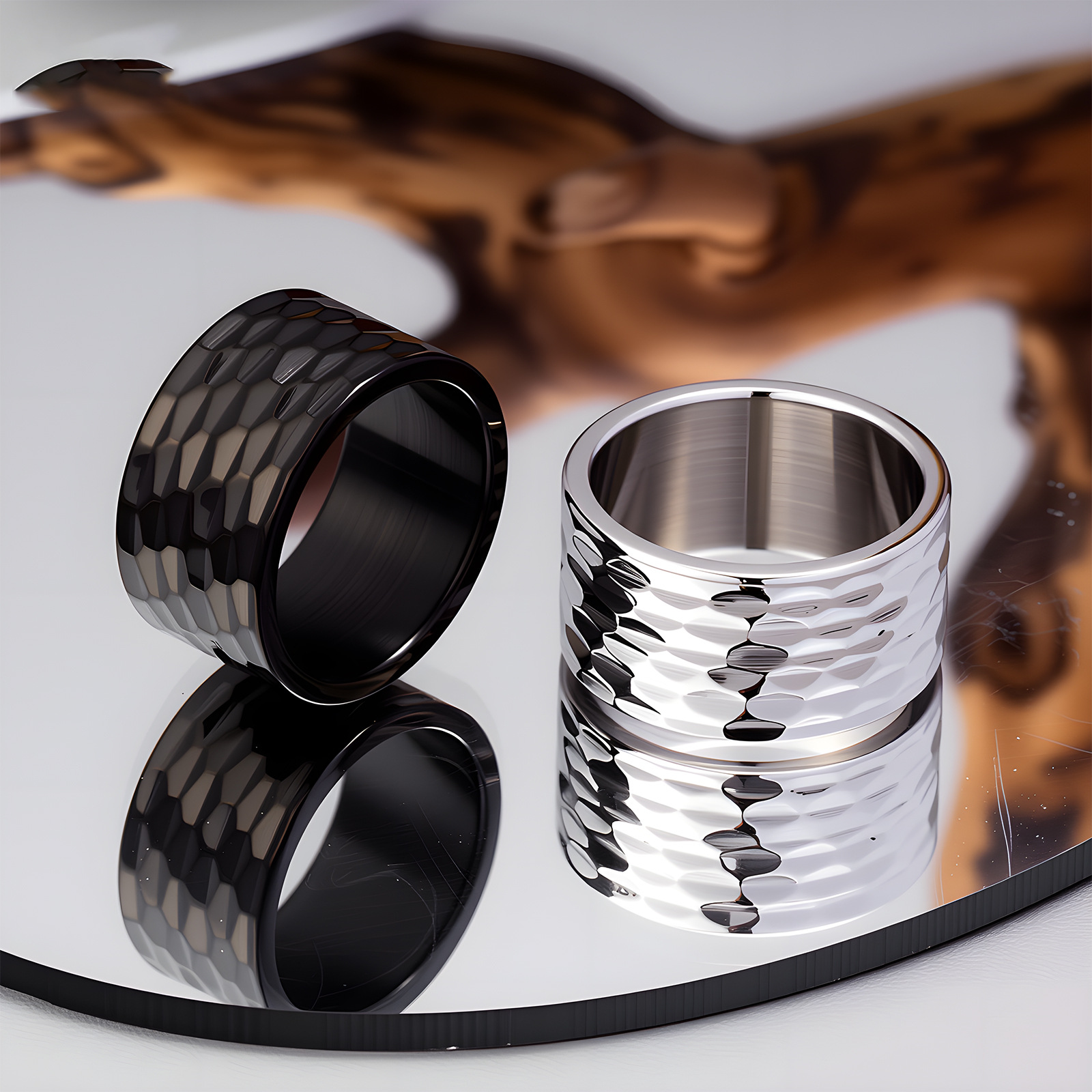 2024 Cross-border new product jewelry: European and American men's accessories 12mm wide hammered pattern large ring men's finger ring titanium steel ring Specification image