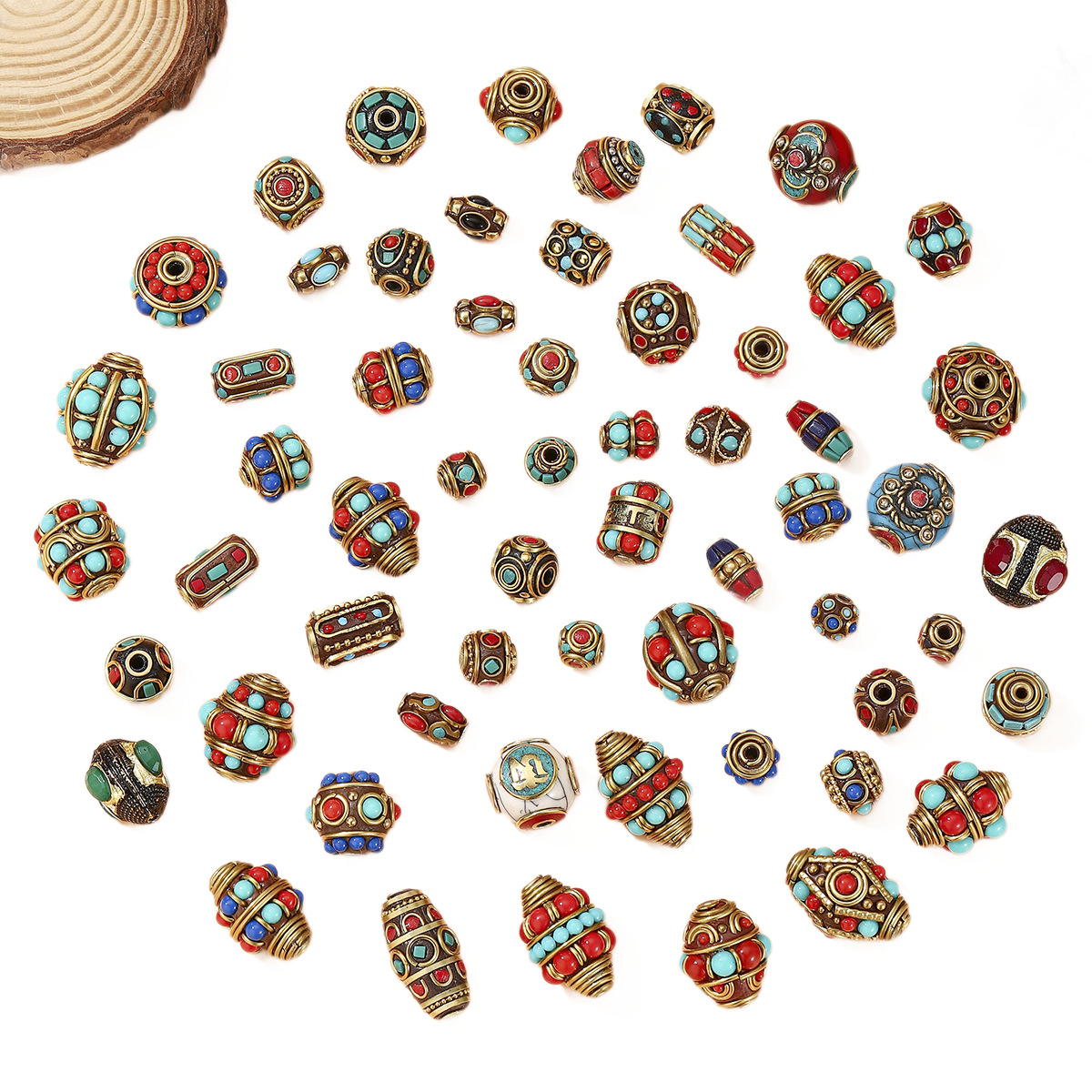 Tibetan-nepalese brass handcrafted beads, retro ethnic style DIY jewelry, with partition beads and bucket beads set with red and blue turquoise Item Picture