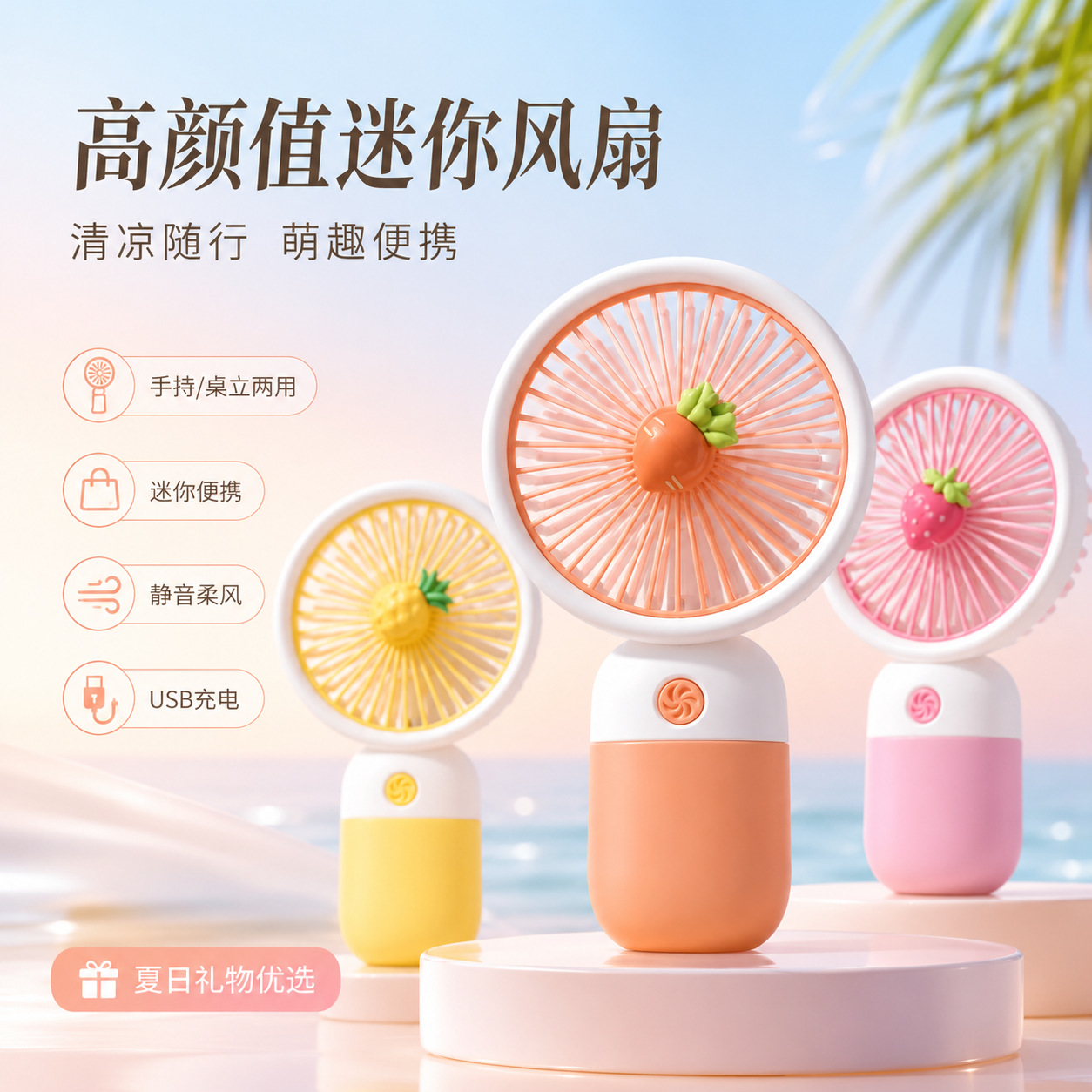 Handheld small fan with cartoon fruit flowers, mini silent portable, Children's Day gift and souvenir fan Application Scenario