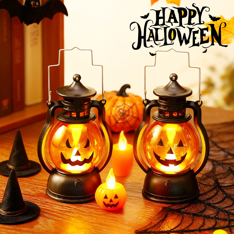Halloween retro oil lanterns, hand-held pumpkin lanterns, ghost lanterns, funny glowing night lights, cake decorations details Picture