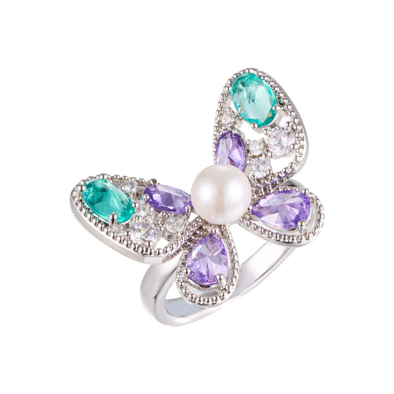 Dopamine purple-blue contrasting butterfly opening ring, copper alloy inlaid with zircon glass pearl adjustable exquisite ring Item Picture