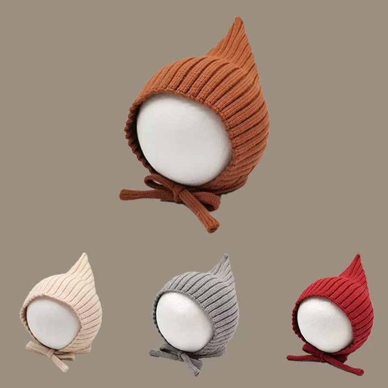 宝宝套头帽外出可爱超萌针织帽儿童百搭毛线尖尖帽婴儿保暖护耳帽细节图