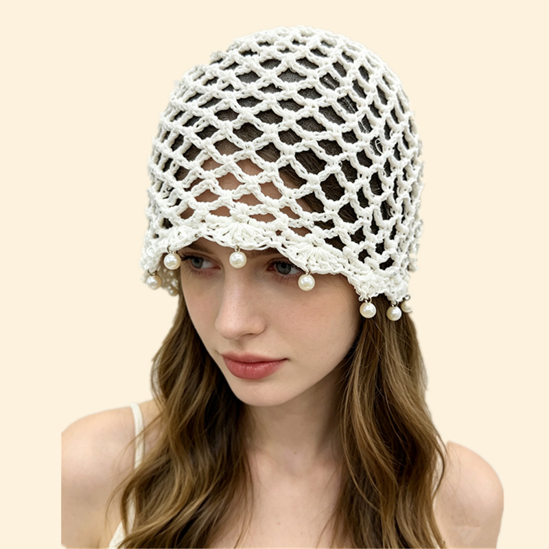 Hecho a mano hook flor hueco perla bolsa headcap mujeres verano transpirable rostro artístico pequeño sombrero de punto versátil moda details Picture