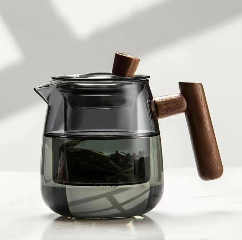 High borosilicate glass teapot, walnut wood side handle, open flame electric ceramic stove heating tea pot, heat-resistant