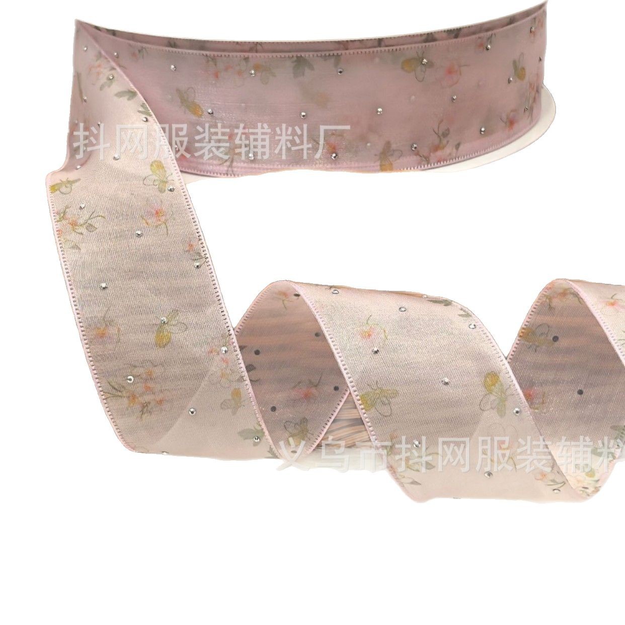 4cm spring style snow gauze ribbon with hot diamond, diy handmade bow accessories, jacquard webbing, flower gift box packaging strap wholesale Item Picture