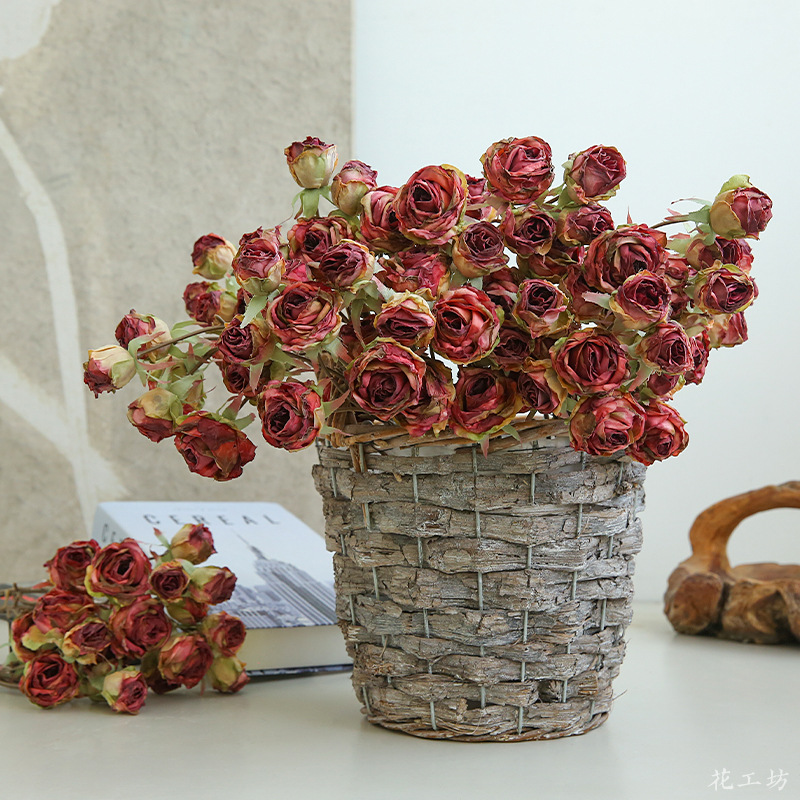 仿真六头焦边小蔷薇复古餐桌插花摆件家居摆设氛围感花束拍摄道具