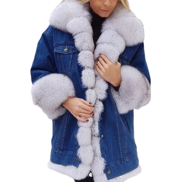 A large quantity of lazada cross-border, Amazon and wish cross-border women's fur integrated denim long-sleeved jackets Item Picture