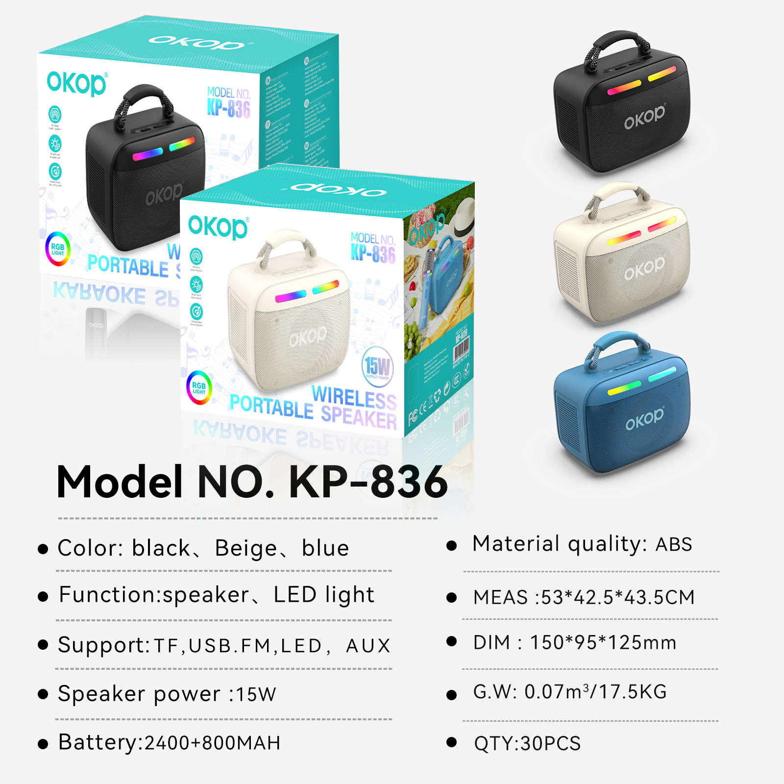 836 bluetooth audio portátil RGB luz de ambiente larga duración tarjeta plug speaker pequeño transfronterizo venta caliente portátil handle al aire libre details Picture