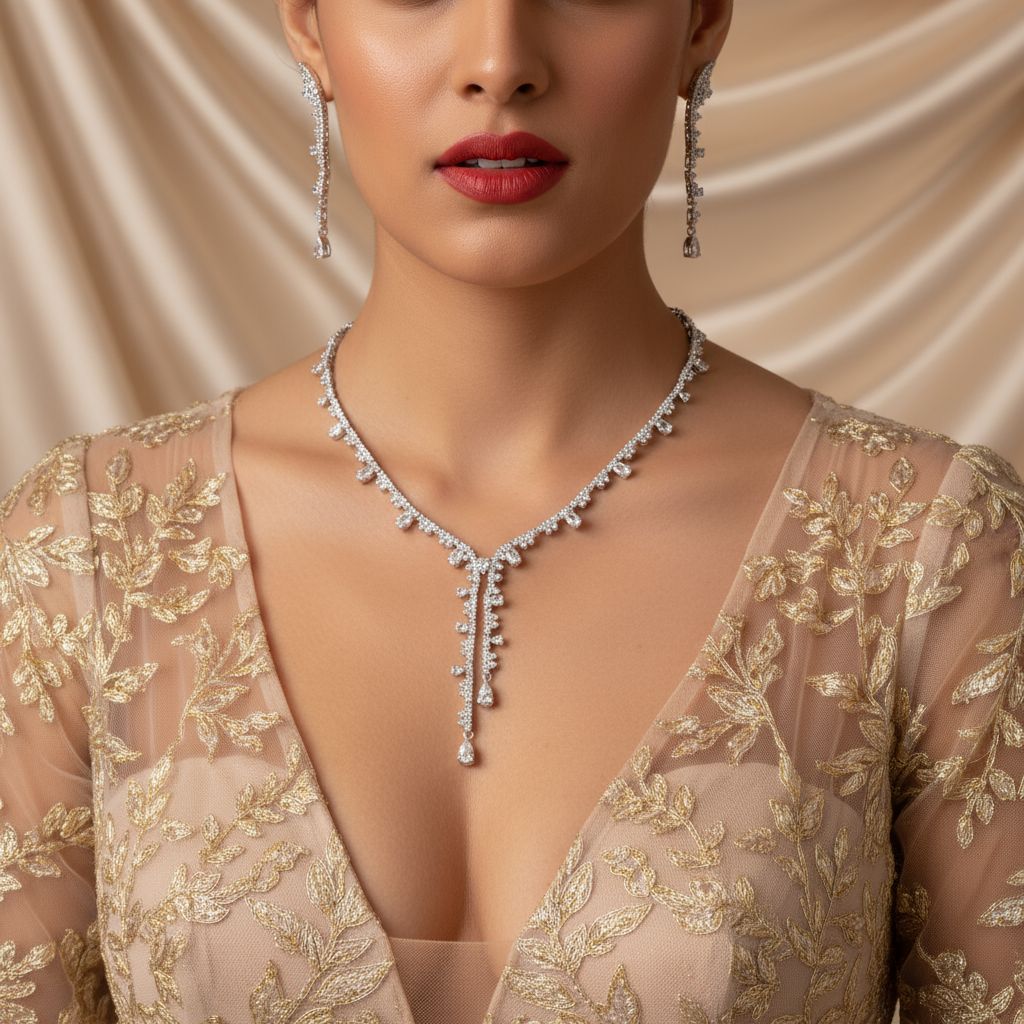 Bright and elegant, European and American popular electroplated thick silver bride jewelry necklace set, wedding dress and evening gown accessories, simple necklace