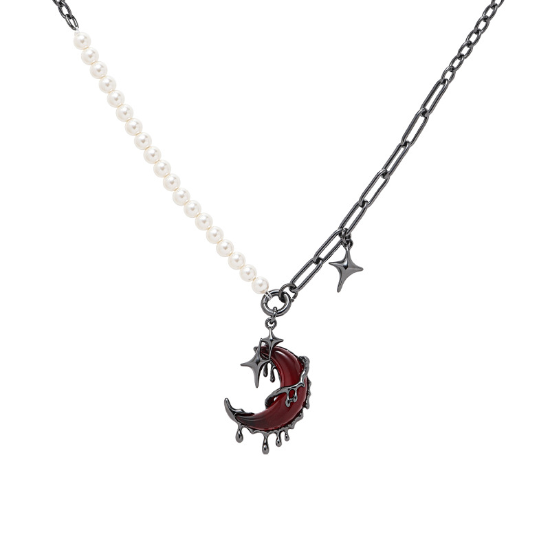 Asymmetrical rose red moon necklace, women's autumn and winter European and American ins style high-end sweater chain, fashionable gun black pendant Item Picture