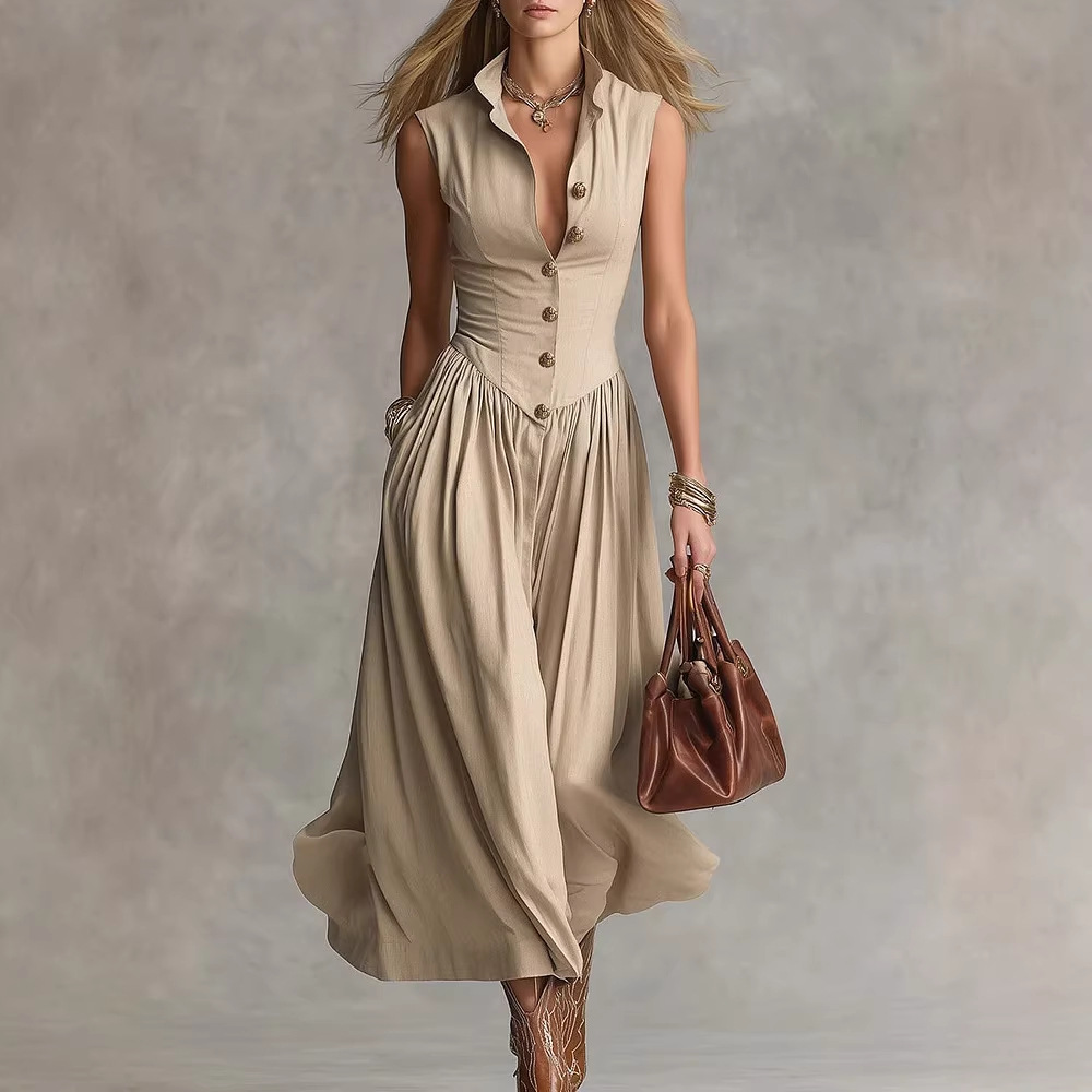 Spring 2026 new French style elegant and goddess-like, slimming and slim, long sleeveless dress with lapel for women full figure