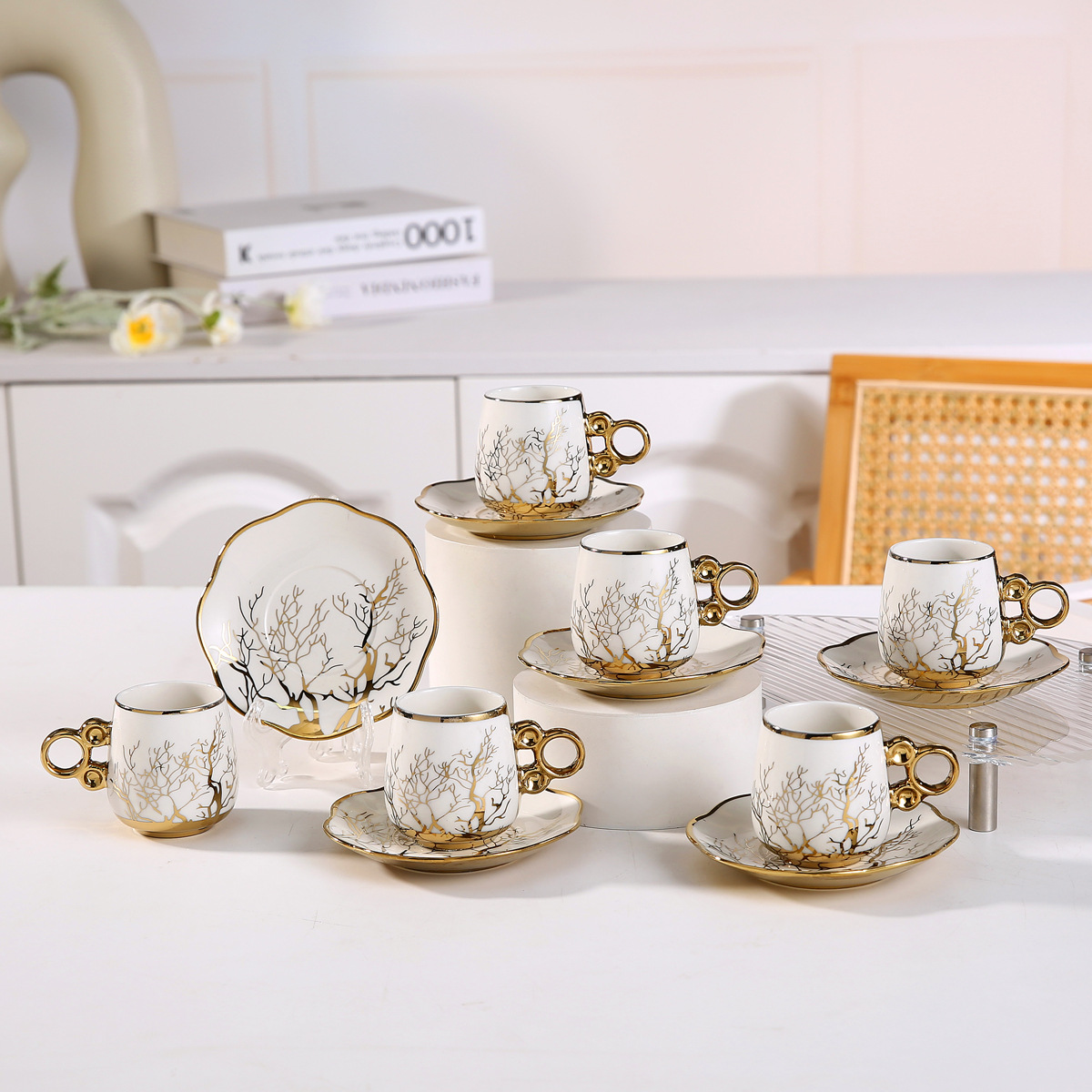 Cross-border European-style electroplated ceramic coffee cups and saucers, Saudi gold-plated six cups and six saucers gift box set event gift pic 1