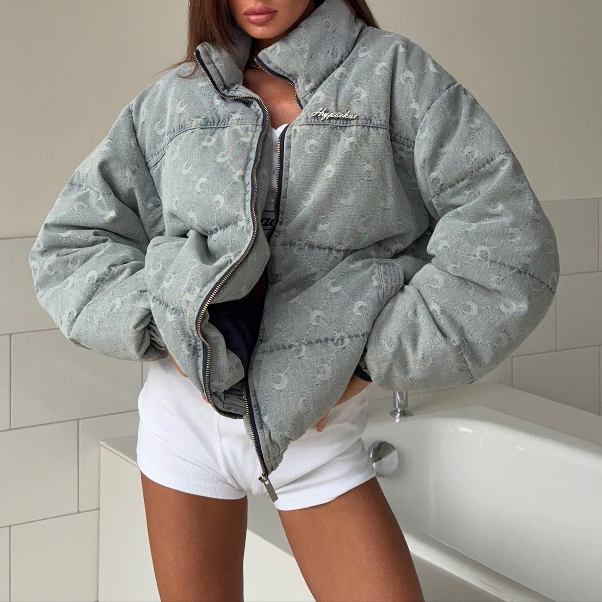 European and American winter retro moon-printed denim cotton-padded jacket, versatile and warm, stand-up collar, hoodless thick coat, street-style women's wear Specification image