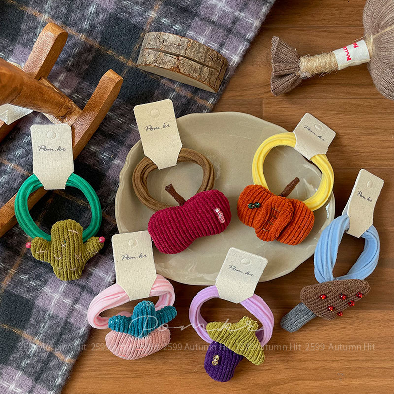 新款韩版布艺儿童蔬菜系发圈手作高弹力马尾头绳甜美秋季发圈发饰针织萌趣造型发圈 仙人掌苹果多款 少女秋冬可爱日常头饰