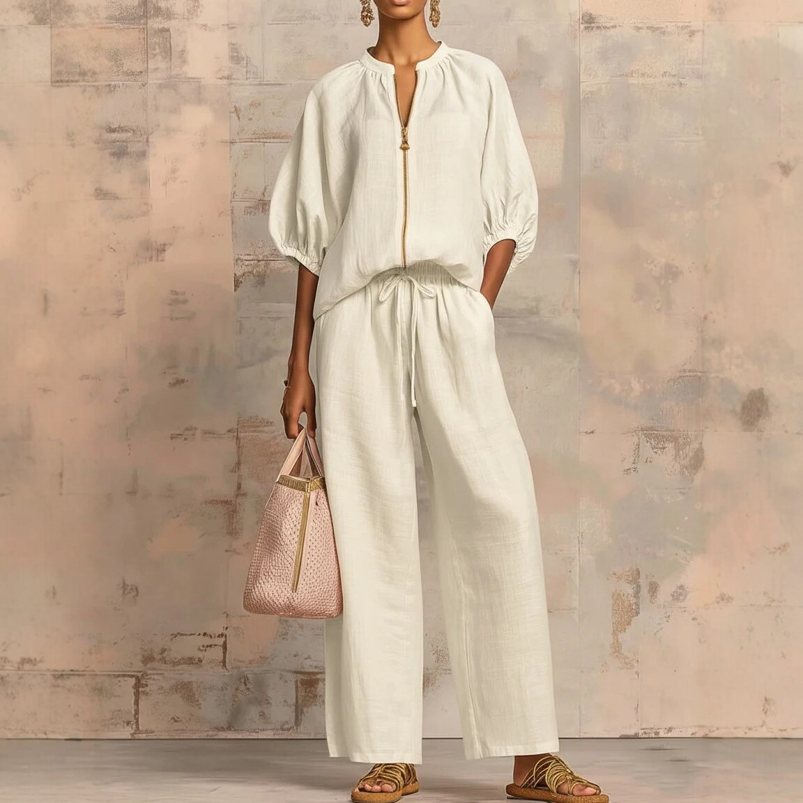2026 Summer New European and American cross-border women's clothing export casual Loose solid color zipper round neck wide-leg pants set for women Specification drawing
