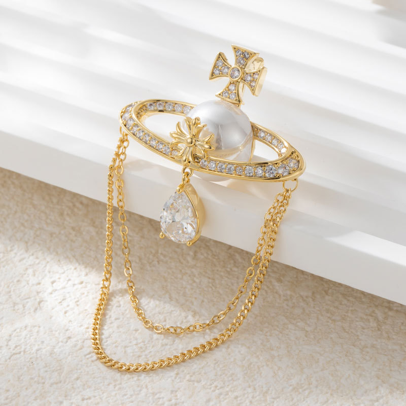 Western Queen Saturn tassel brooch, French Star pearl pin, niche and high-end style, brooch, commemorative gift decoration