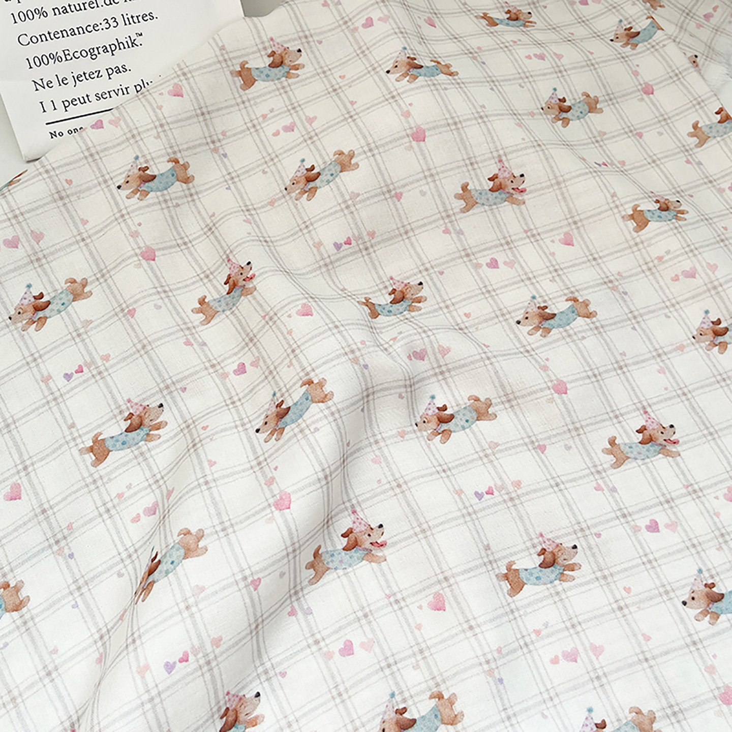 条纹爱心腊肠狗全棉布料母婴级双层纱布料印花宝宝服装睡衣面料