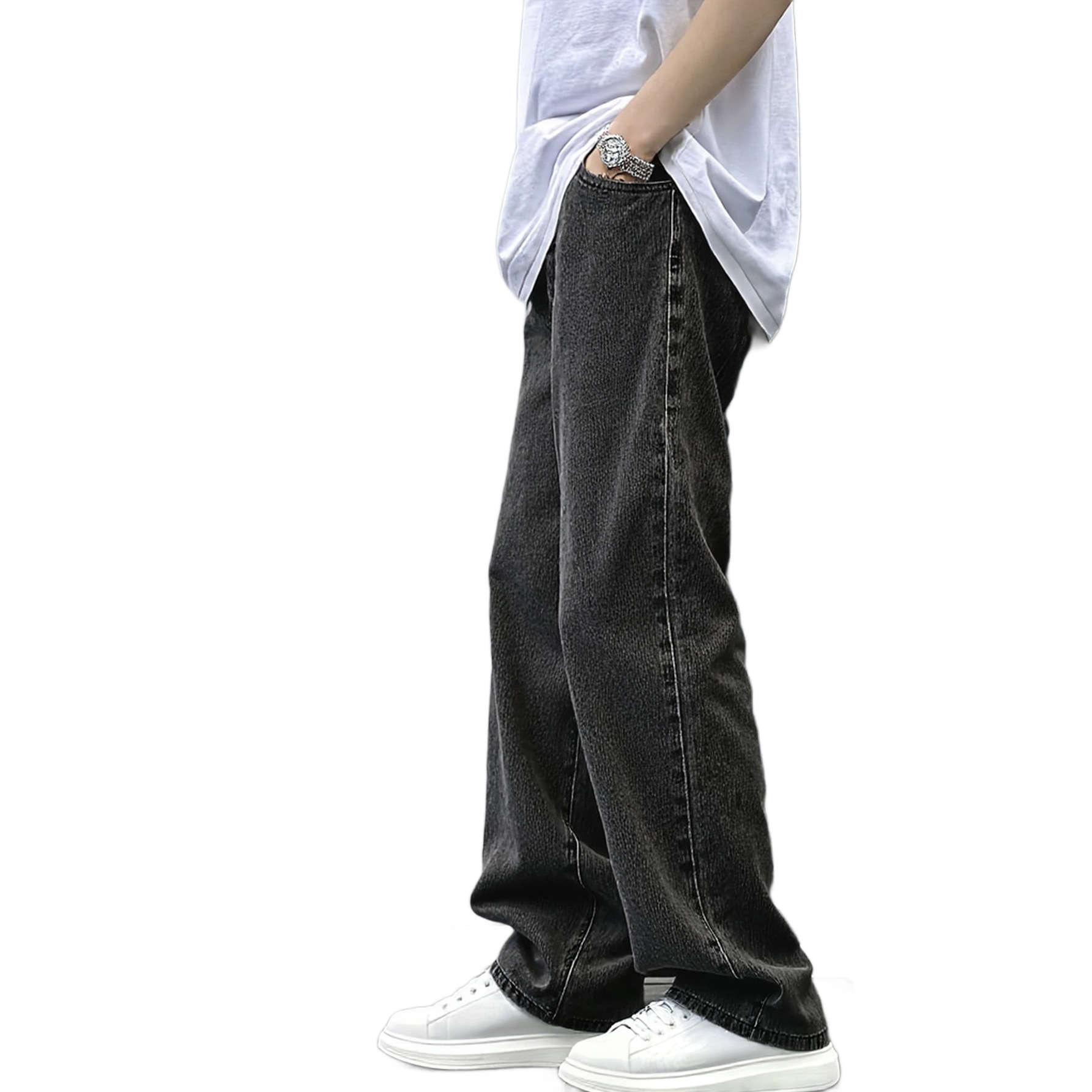 High-elastic loose jeans, men's casual trousers, washed and polished straight-leg pants Item Picture