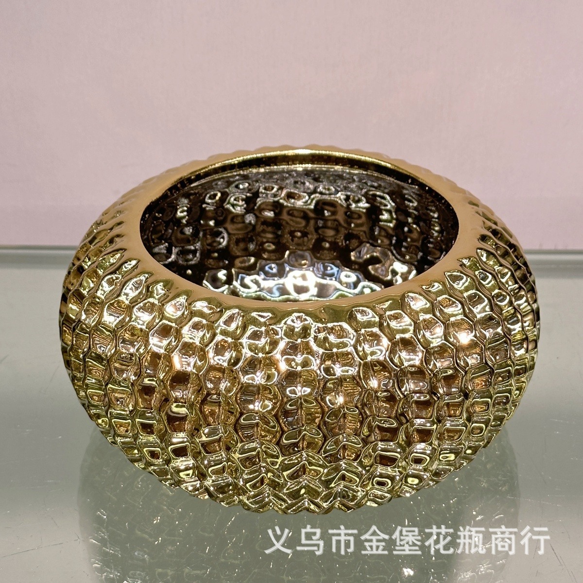 轻奢金色陶瓷圆盆 立体压纹绿植花盆 电镀金陶瓷收纳盆 多款式浮
