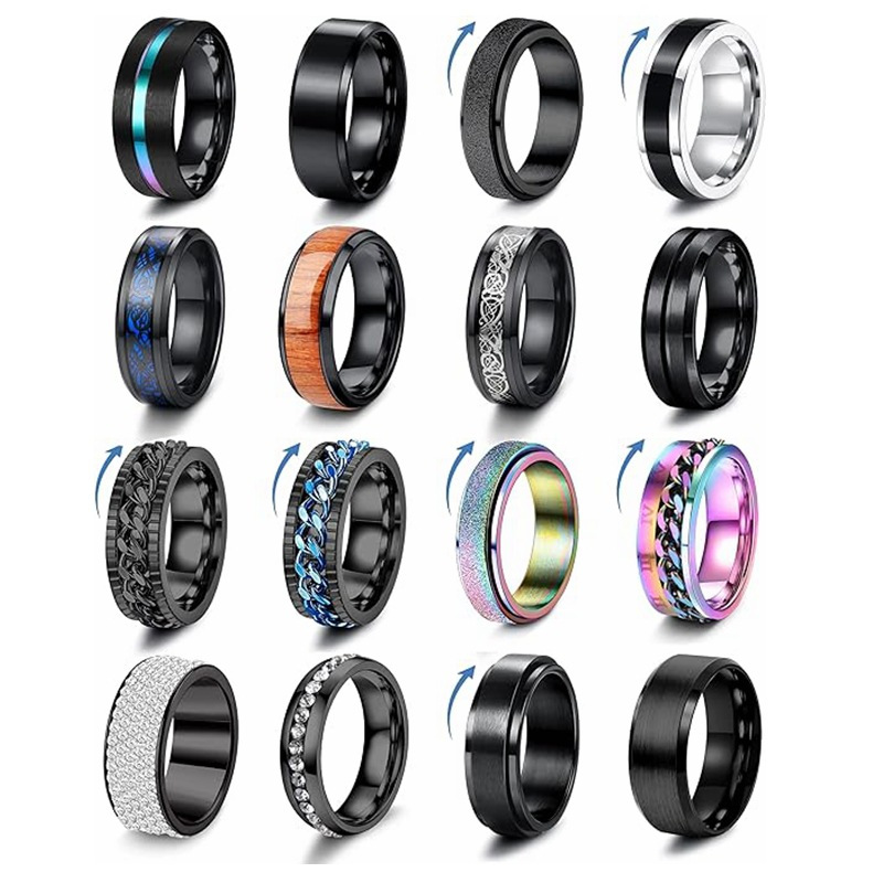 亚马逊16件套钛钢戒指男女解压焦虑缓解指环斜边凯尔特旋转不锈钢