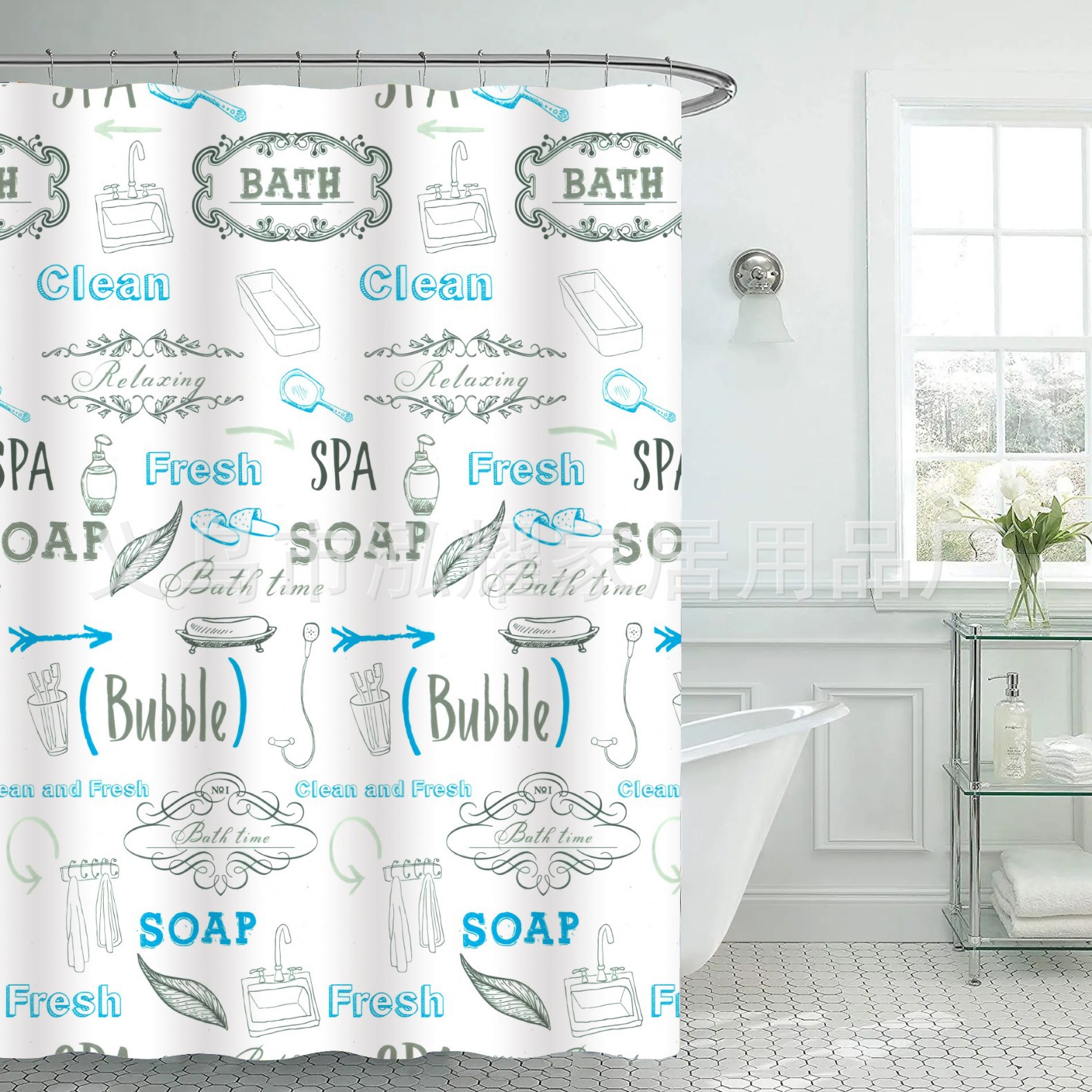 浴帘涤纶/浴室帘欧式/折叠浴帘/浴室帘peva/浴室帘女人简约细节图