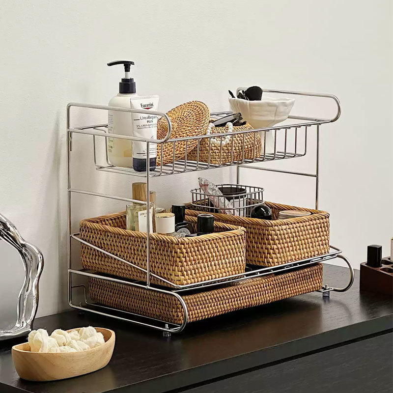 轻奢高级感304不锈钢多功能三层香水化妆品台面收纳整理置物架