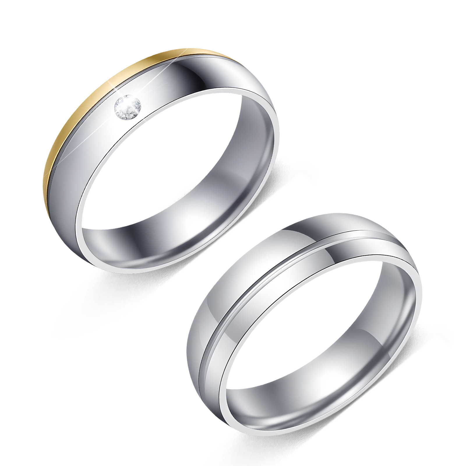 亚马逊日韩情侣对戒间金双色镶钻钛钢戒指指环男女婚戒手饰批发