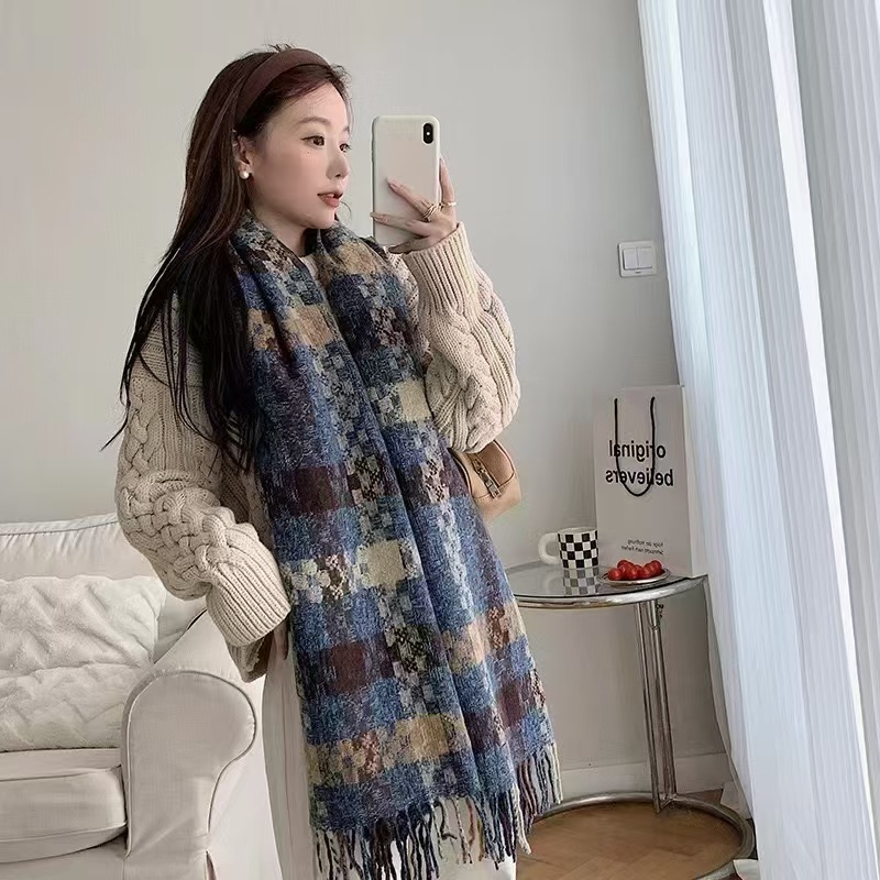 新款直播爆款甜美百搭粉色格子软糯学生格子围巾冬季保暖流苏披肩产品图