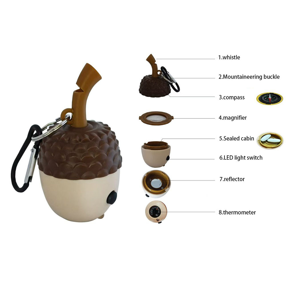 Seven-in-one multi-functional portable climbing buckle, emergency compass, magnifying glass, thermometer, outdoor survival pinecone whistle details Picture