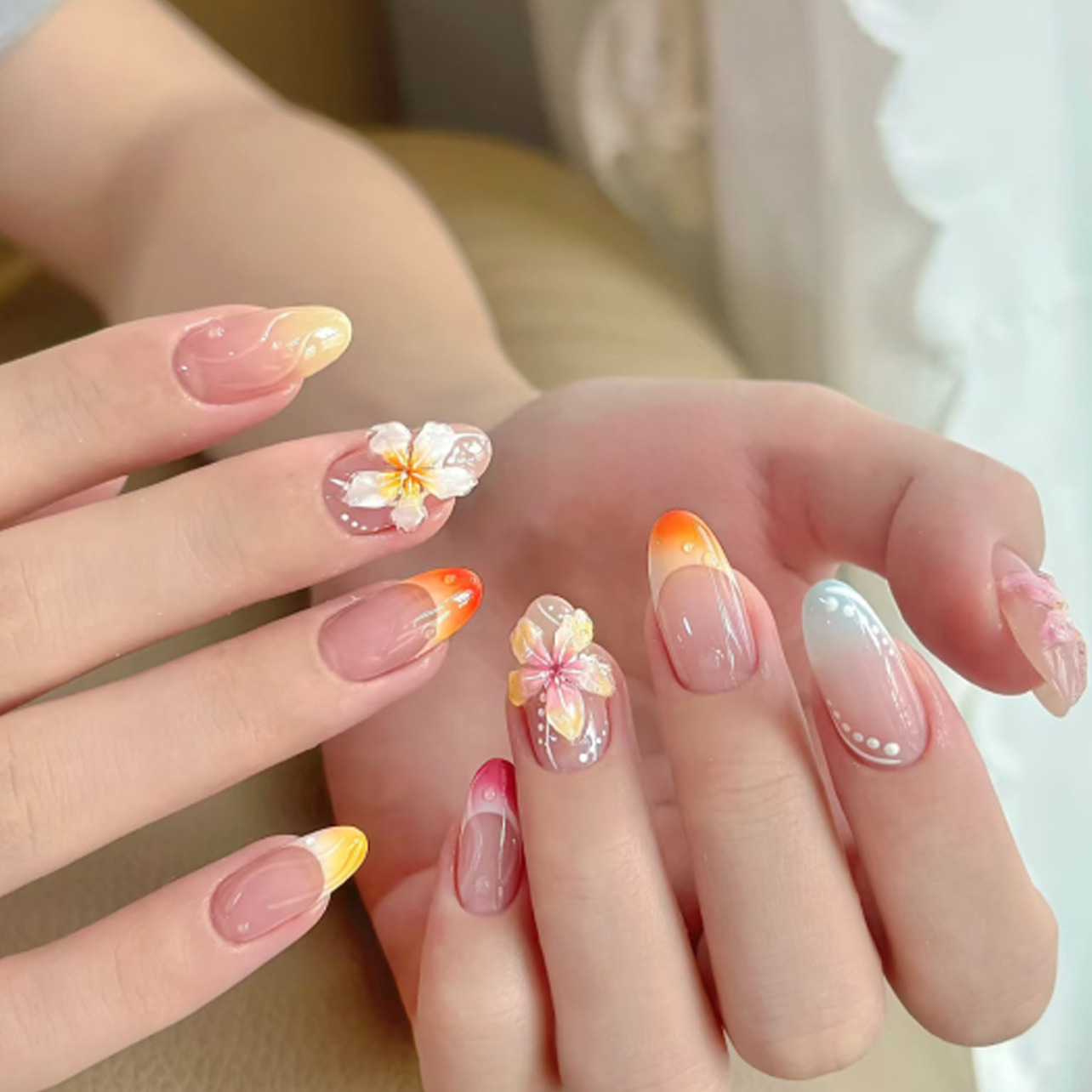 3D French flower whitening wearable nail short almond nail nail plate wearable high-end false nail wholesale