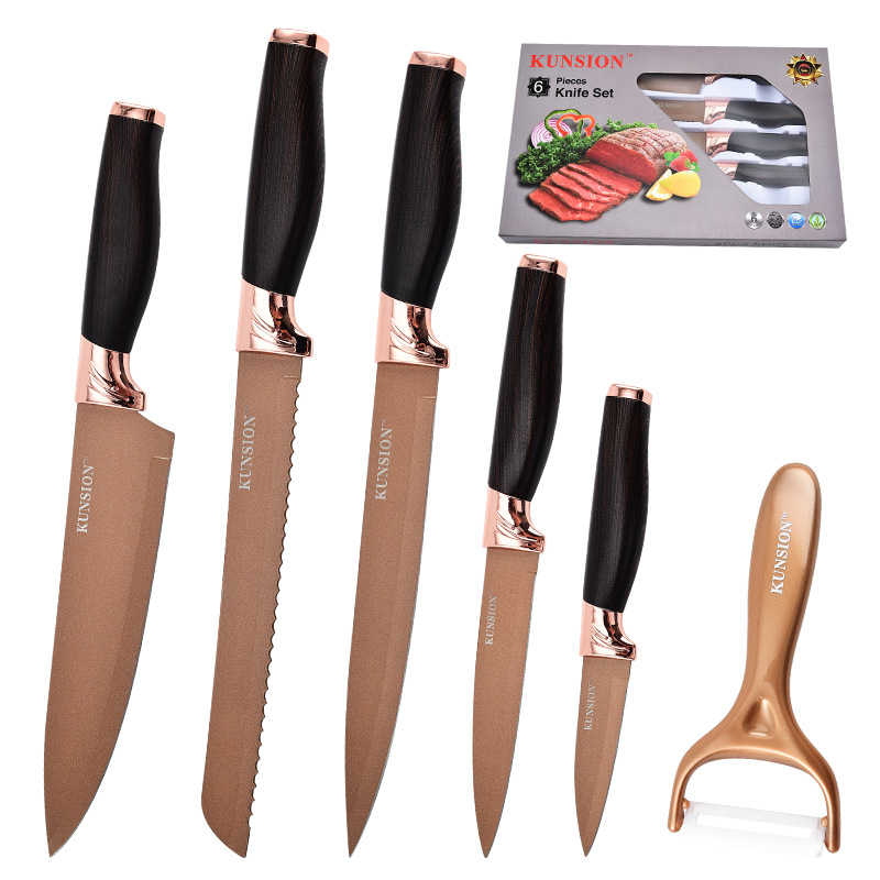 Stainless steel knife set, household titanium gold knife, slicer knife, chef knife, fruit knife, melon slicer 6-piece gift box set Item Picture