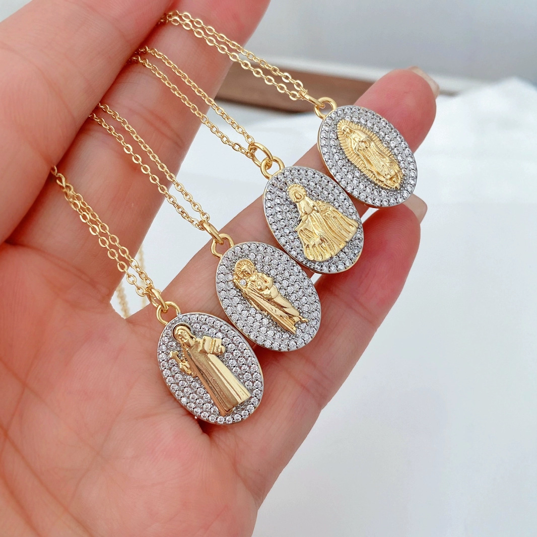 European and American fashion high-end oval brand Virgin Mary inlaid zircon two-color pendant collarbone necklace accessory