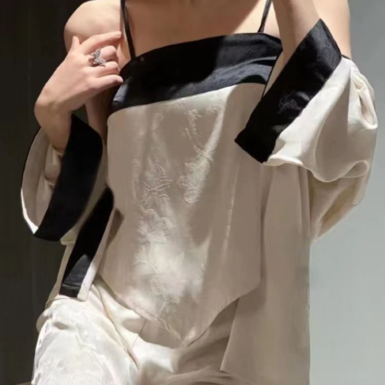 性感睡衣三件套女春夏冰丝薄款新中式高级感系带吊带绣花家居睡袍