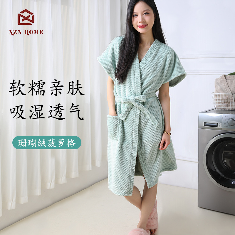 珊瑚绒透气成人吸水家居服酒店睡袍衣浴裙夏男女菠萝格小飞袖浴袍
