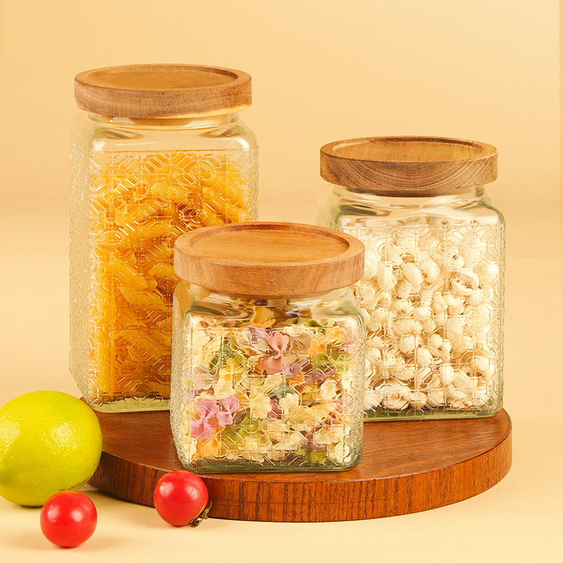 Nordic-style retro patterned glass sealed jar, high appearance level glass jar, kitchen storage jar, dried fruit and snack storage jar Application Scenario