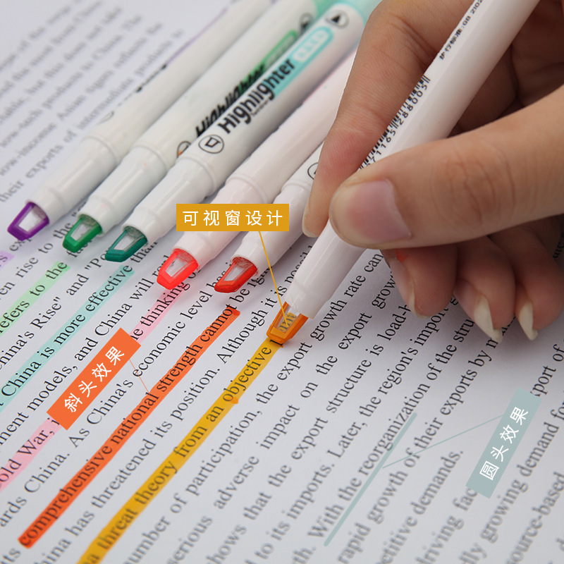 The visible window highlighter, crystal pen tip, student key marking, macaron transparent head, 6-color double-headed highlighter full figure