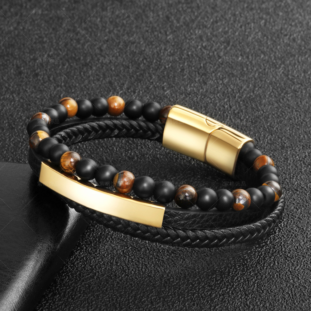 Amazon Tiger's Eye natural stone bead bracelet, leather rope woven bracelet, multi-layer men's cowhide black bracelet Specification drawing