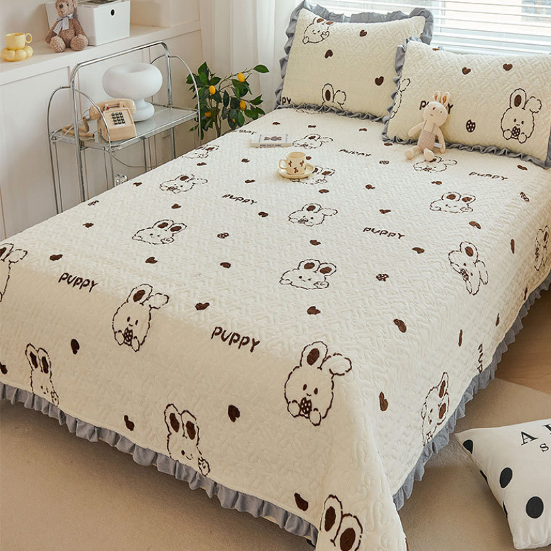 新款加厚牛奶绒夹棉床盖三件套防滑炕垫花边绗缝榻榻米床单盖毯