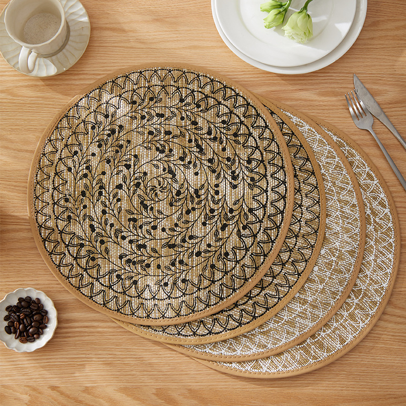 日式黄麻纸编织印刷款桌垫高级感十足皮革包边缝纫自然餐垫装饰垫
