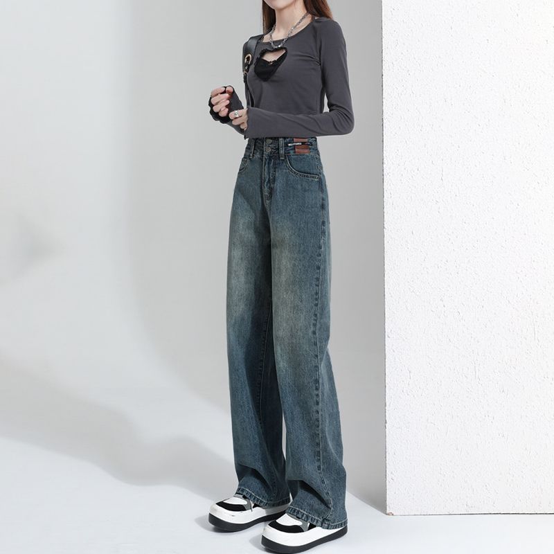 Retro denim wide-leg pants, loose straight leg, 2025 new style high waist bag, slender buttocks, floor-length design long pants