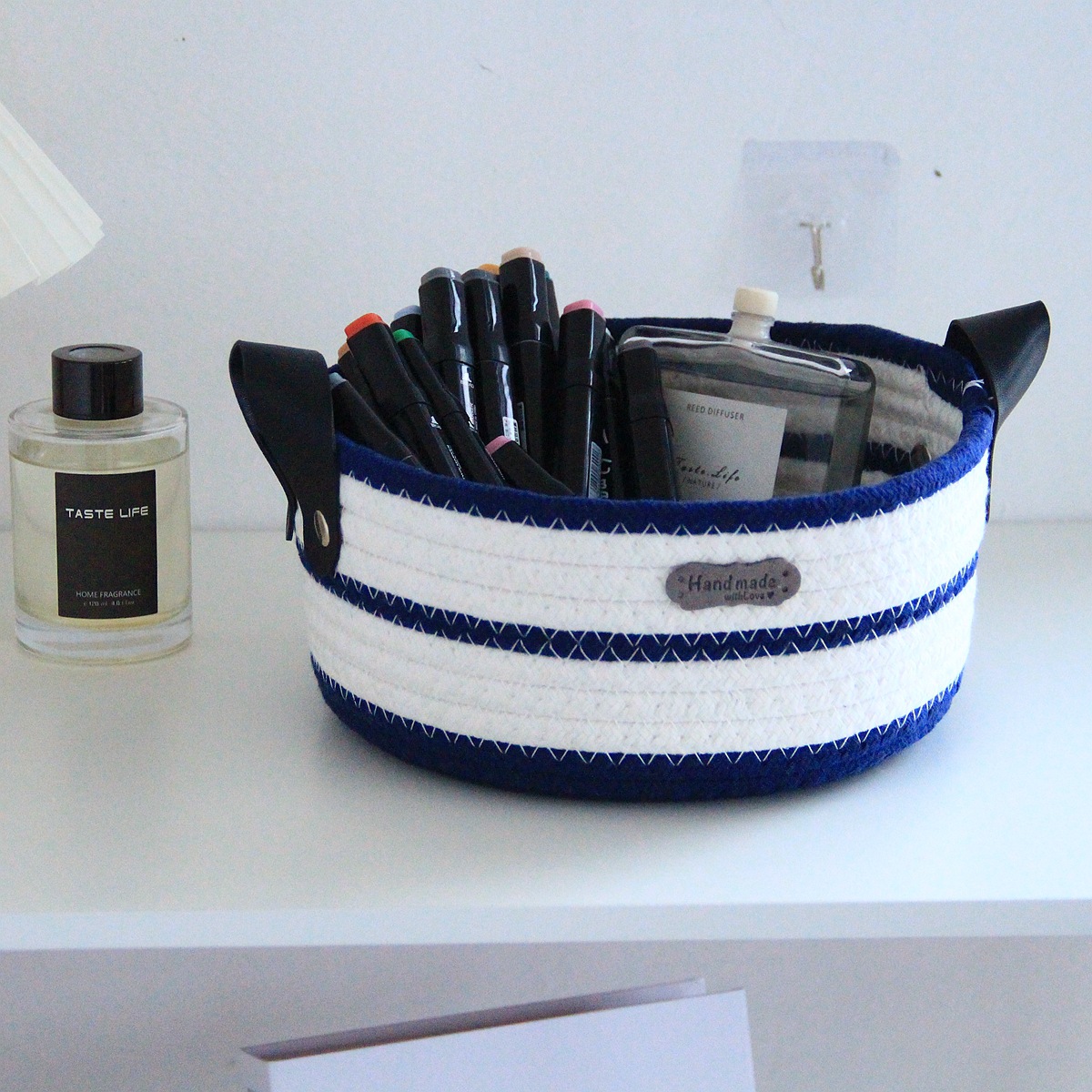 Round cotton rope woven storage basket with leather handle, InS-style desktop storage basket, cosmetics and toys storage box, Nordic style details Picture