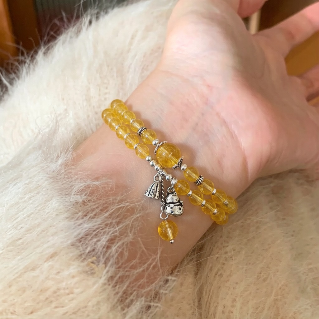 S925 sterling silver yellow crystal retro Maneki Neko double-loop bracelet for women, an Instagram niche design for attracting wealth details Picture