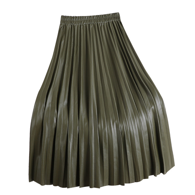 Pleated extended leather skirt 2021 Autumn/Winter new Korean style slimming loose tight high-waisted A-line pleated PU leather skirt for women Item Picture
