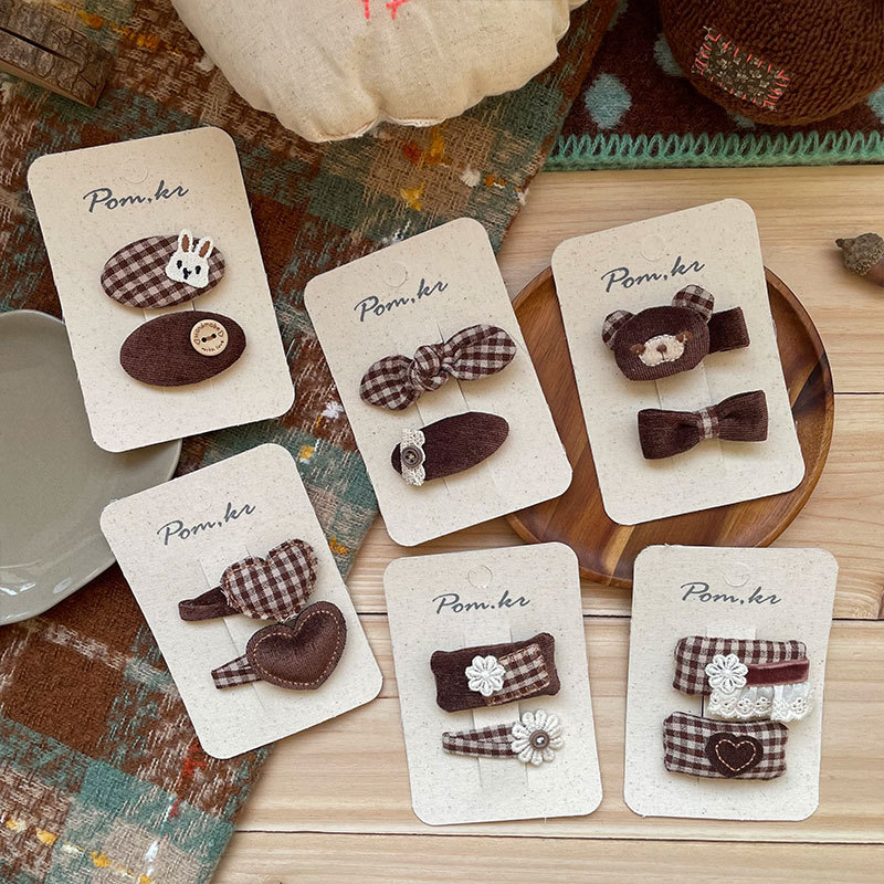 New Korean cartoon rabbit children's hairpin fabric, cute bear check pattern, sweet and girlish bangs side clip, bb clip Specification image