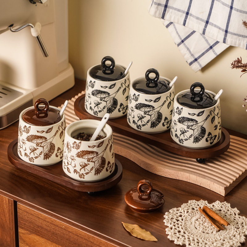 ins Seasoning Bottle, seasoning box, glass oil pot, household kitchen ceramic seasoning jar with lid, soy sauce bottle combination set Specification image